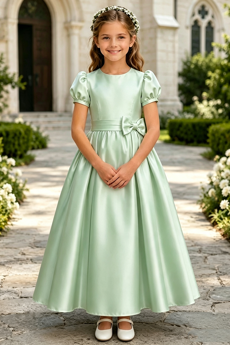 Girls Ivory Satin Floor‑Length Gown for Weddings with Puff Sleeves and Bow Sash