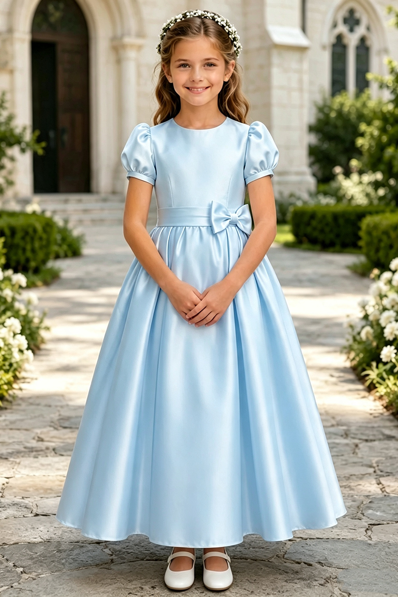 Girls Ivory Satin Floor‑Length Gown for Weddings with Puff Sleeves and Bow Sash