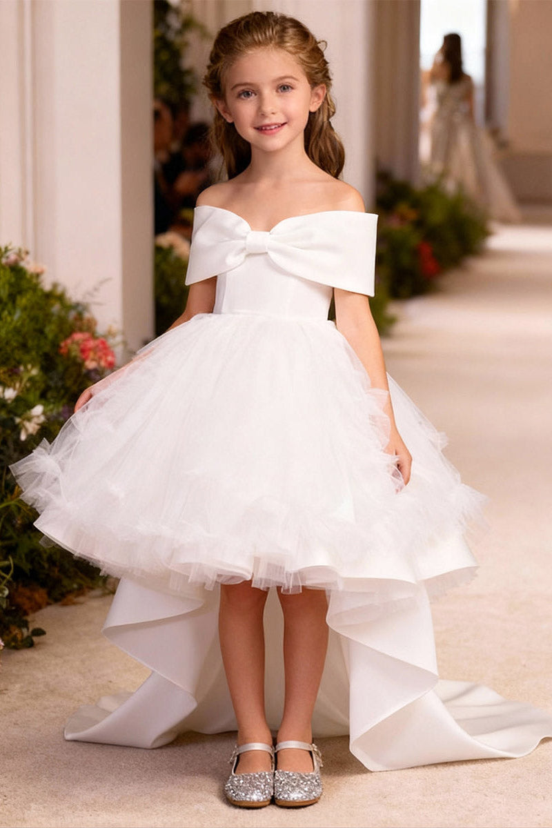 Girls White Off‑the‑Shoulder High‑Low Gown for Weddings with Bow and Ruffled Tulle