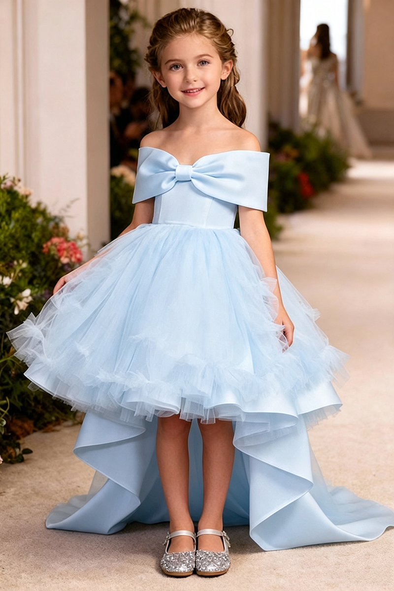 Girls White Off‑the‑Shoulder High‑Low Gown for Weddings with Bow and Ruffled Tulle