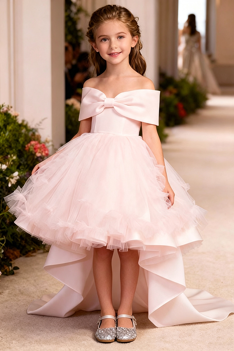 Girls White Off‑the‑Shoulder High‑Low Gown for Weddings with Bow and Ruffled Tulle