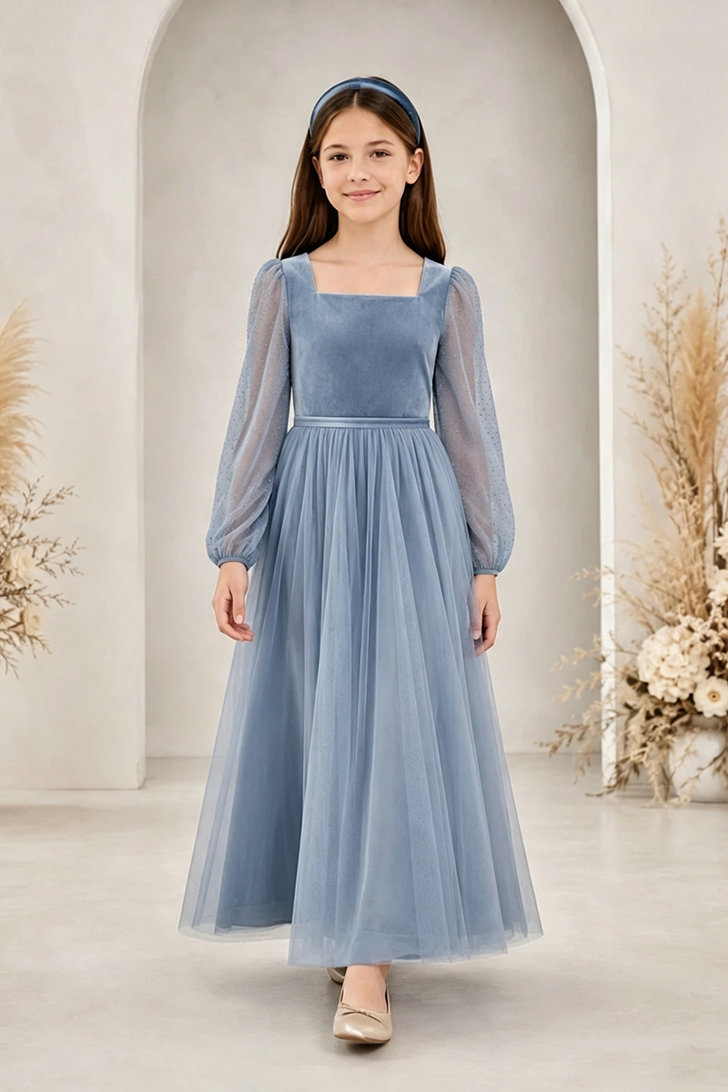Girls Dusty Blue Velvet Tulle Gown for Weddings with Square Neck Sheer Long Sleeves