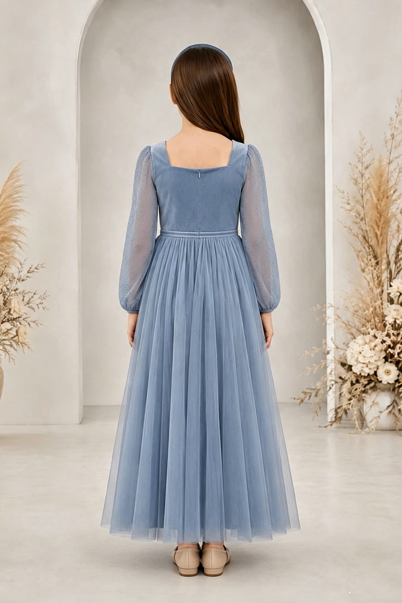 Girls Dusty Blue Velvet Tulle Gown for Weddings with Square Neck Sheer Long Sleeves