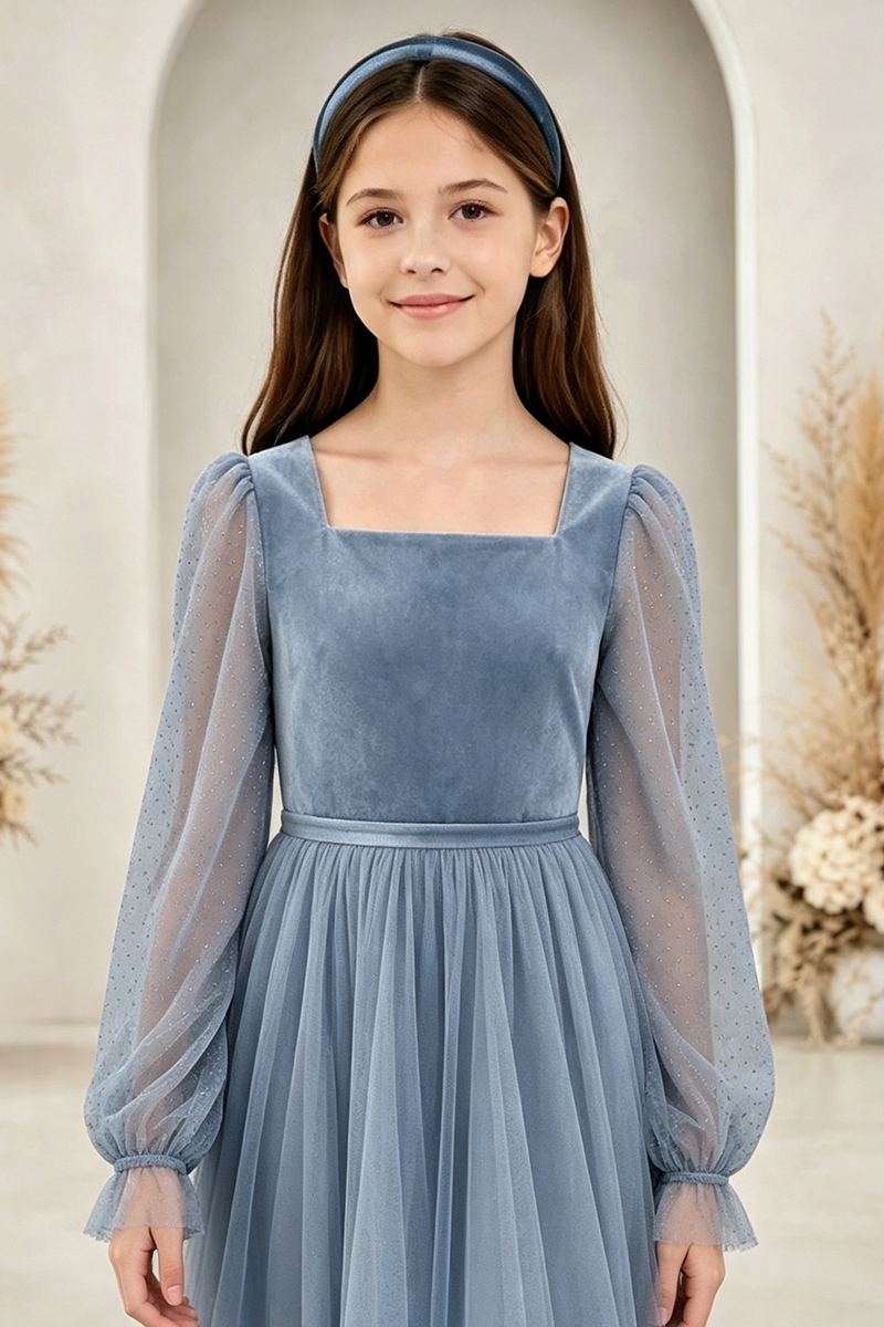 Girls Dusty Blue Velvet Tulle Gown for Weddings with Square Neck Sheer Long Sleeves