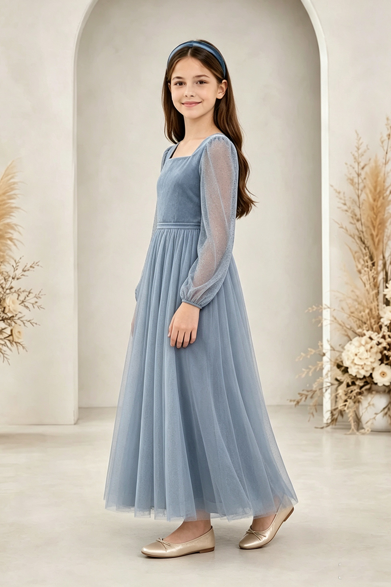 Girls Dusty Blue Velvet Tulle Gown for Weddings with Square Neck Sheer Long Sleeves