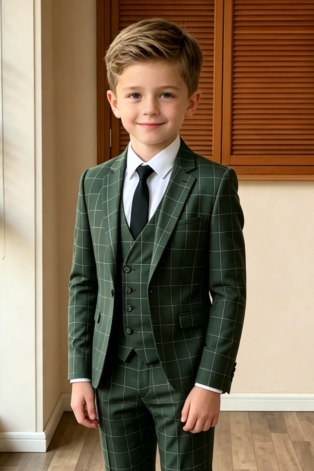 Deep Green Windowpane Check British Serge‑Blend 3‑Piece Suit