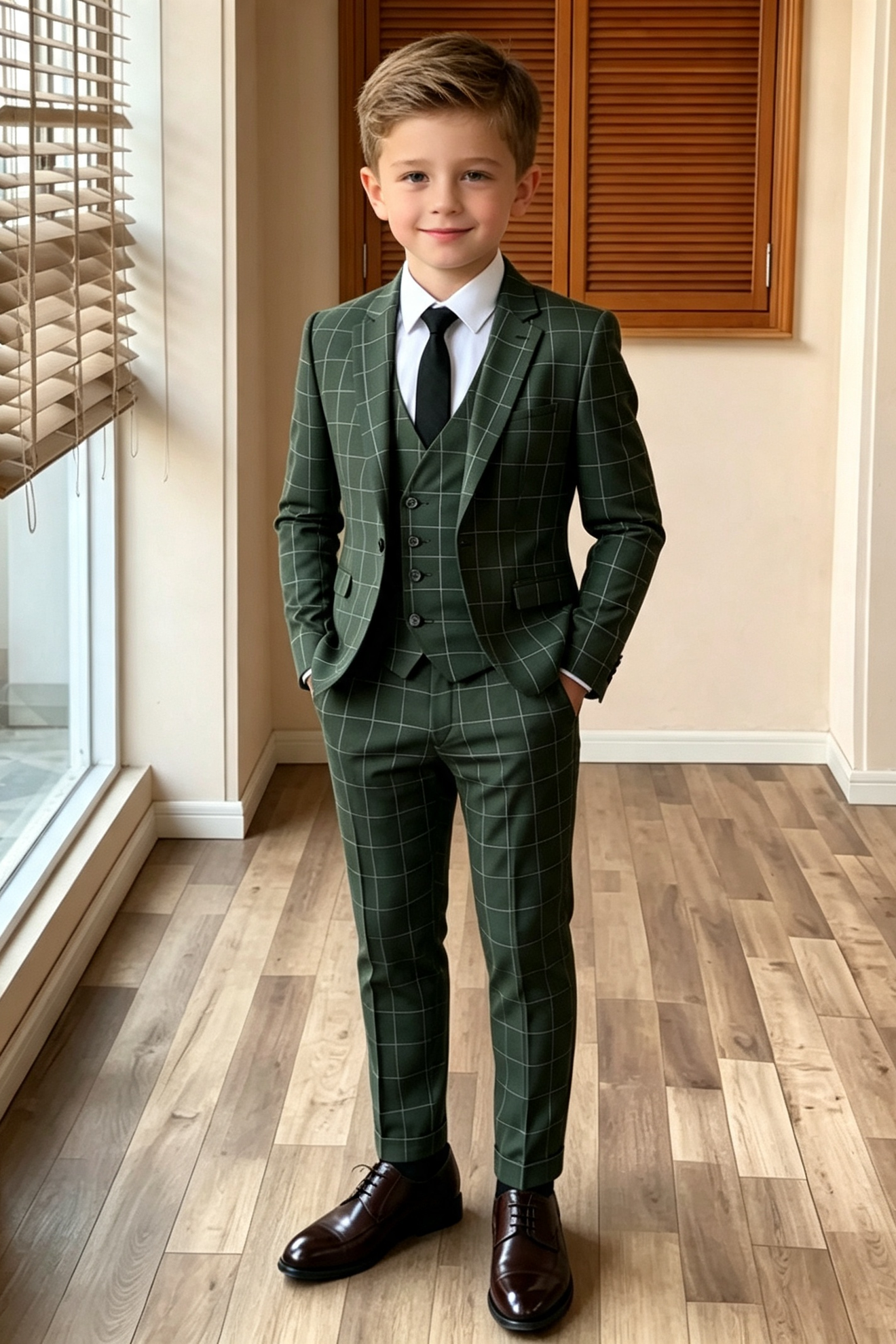Deep Green Windowpane Check British Serge‑Blend 3‑Piece Suit