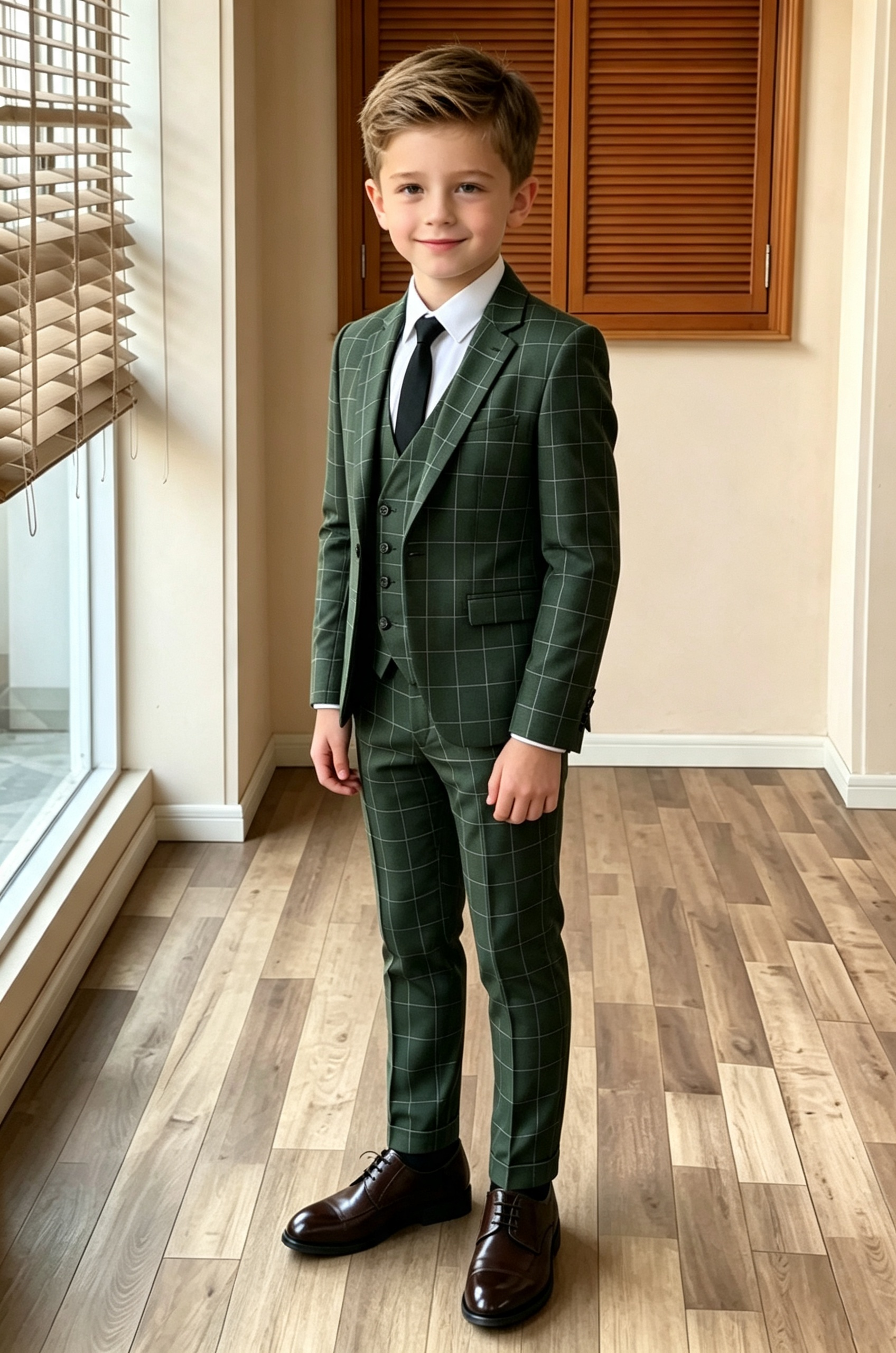 Deep Green Windowpane Check British Serge‑Blend 3‑Piece Suit