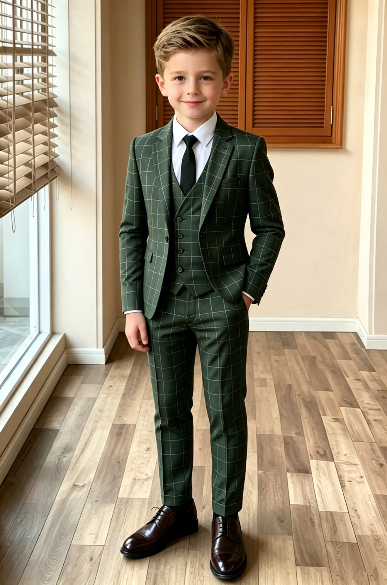 Deep Green Windowpane Check British Serge‑Blend 3‑Piece Suit