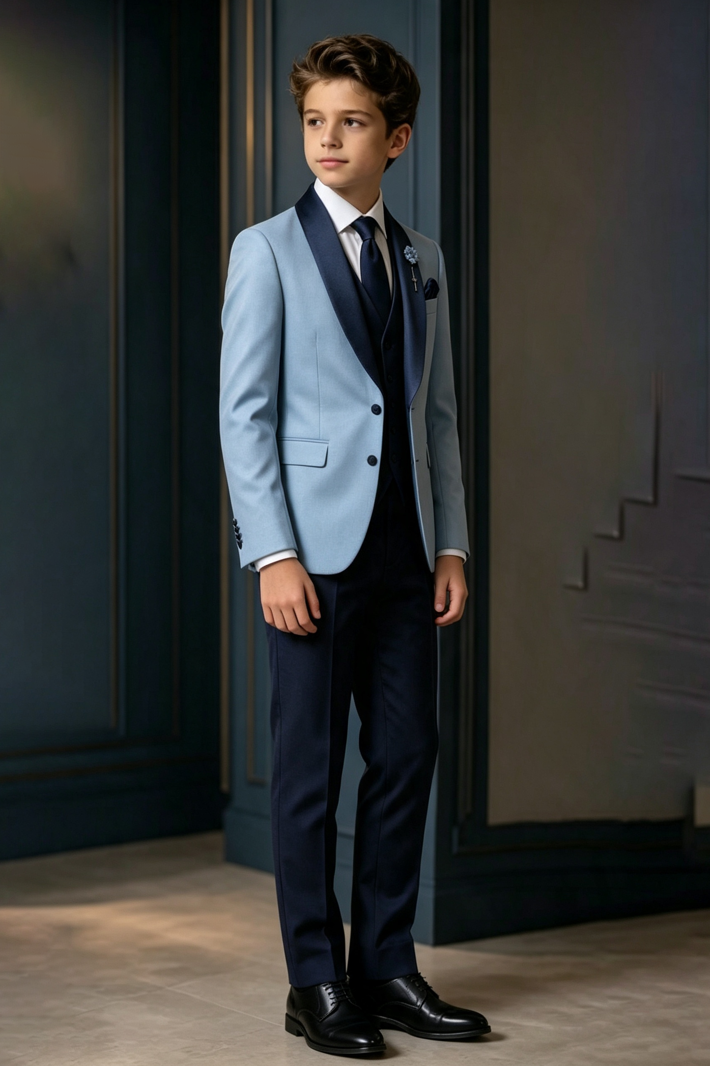Light Blue & Navy British Serge‑Blend Satin 3‑Piece Suit