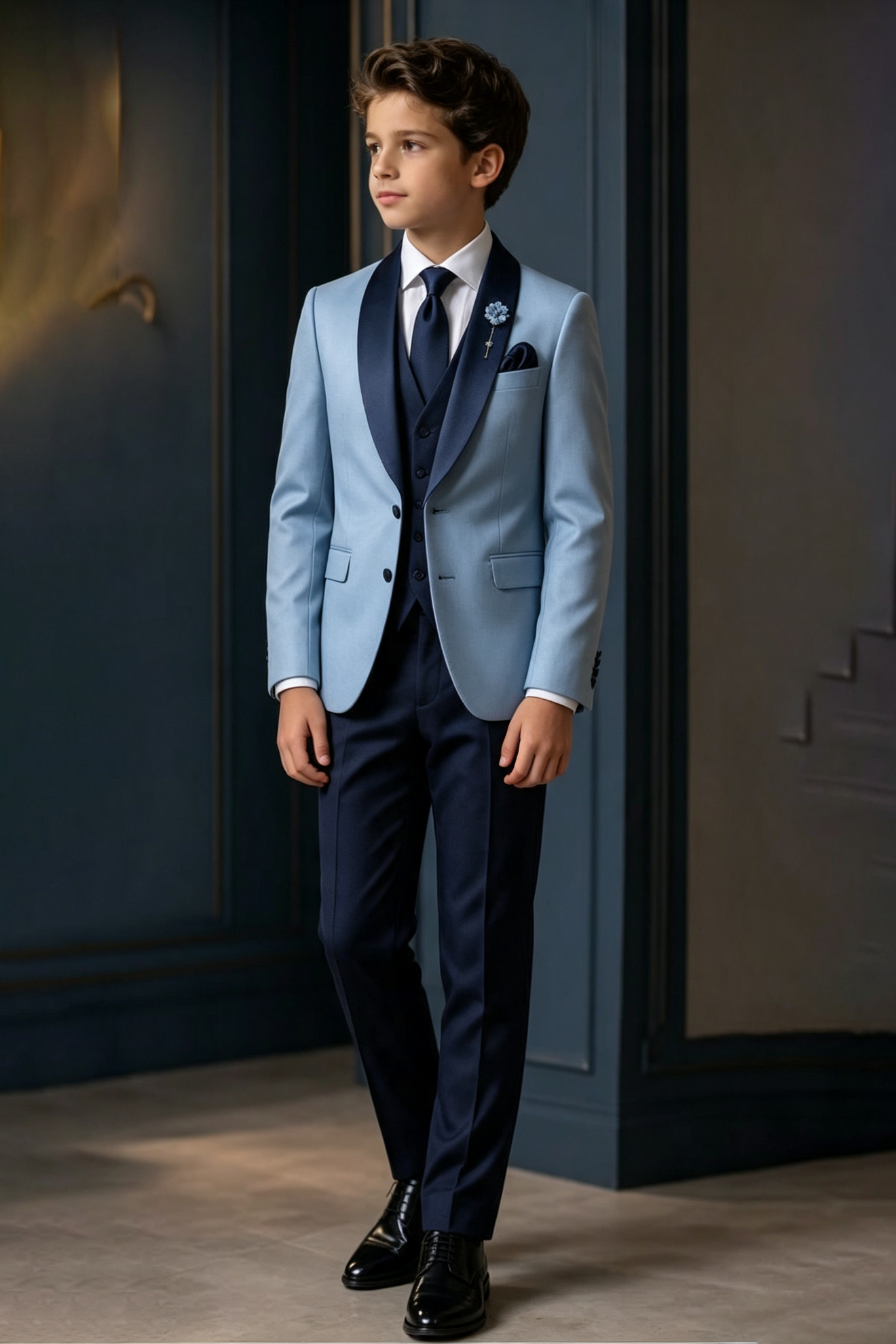 Light Blue & Navy British Serge‑Blend Satin 3‑Piece Suit