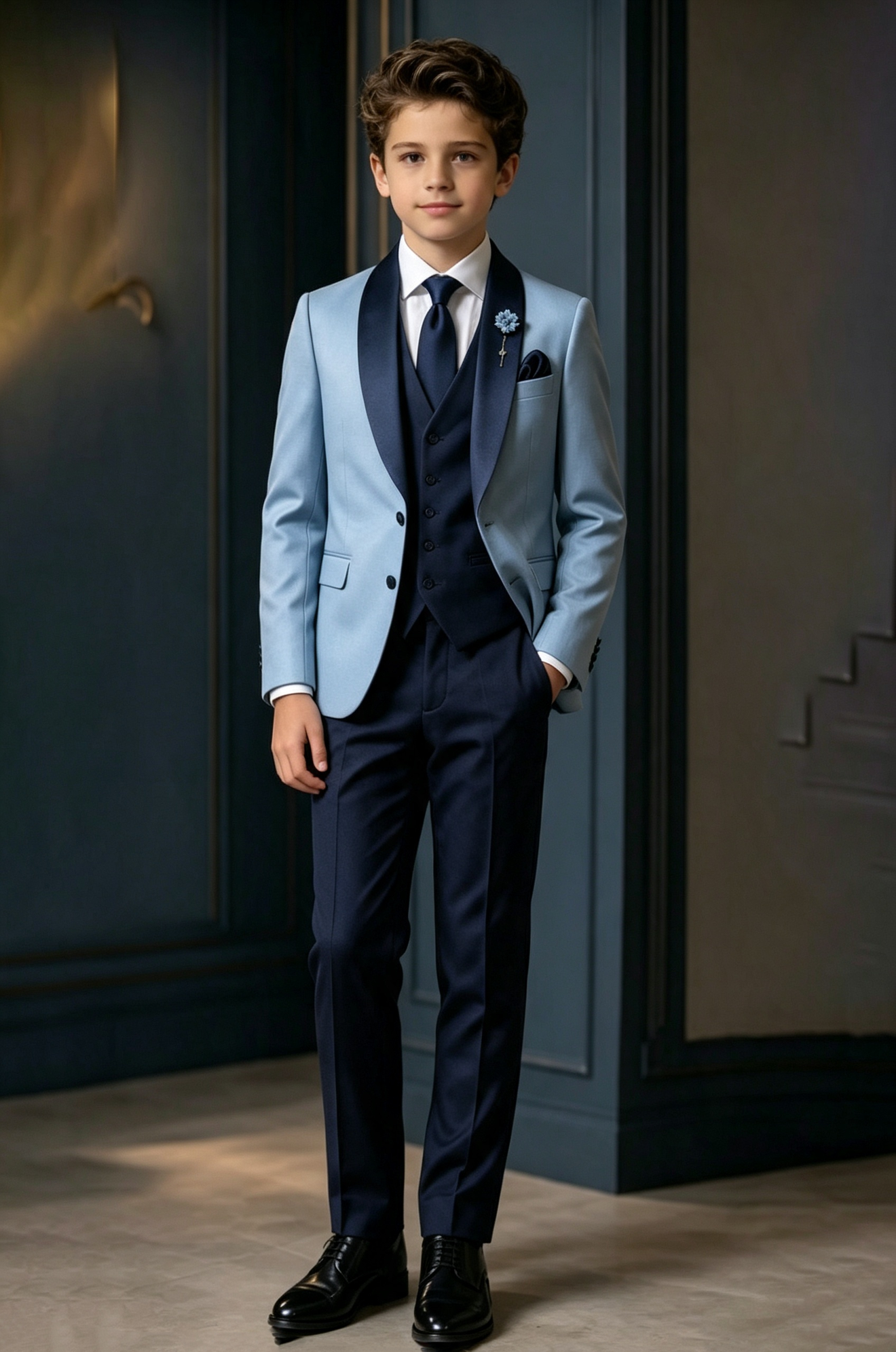 Light Blue & Navy British Serge‑Blend Satin 3‑Piece Suit