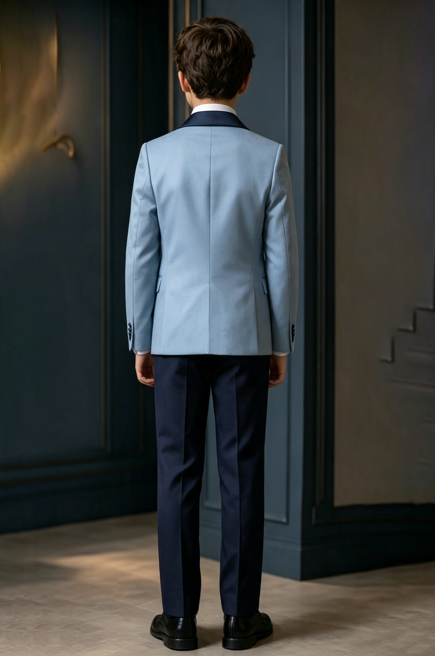 Light Blue & Navy British Serge‑Blend Satin 3‑Piece Suit