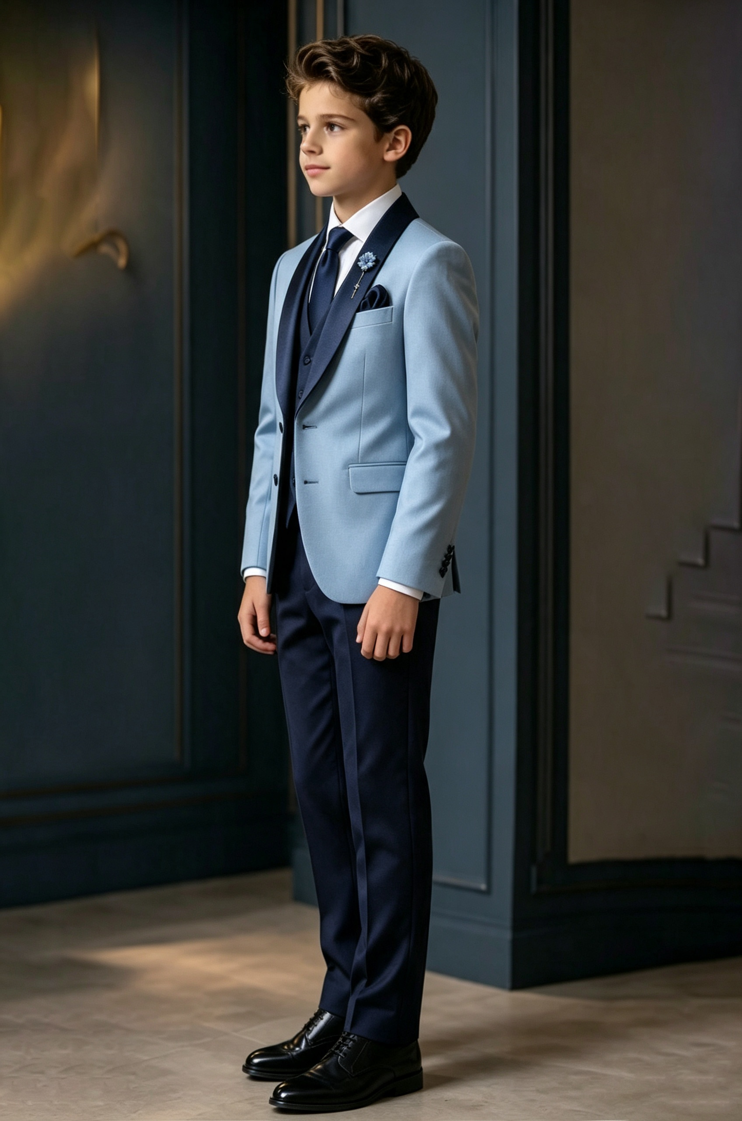 Light Blue & Navy British Serge‑Blend Satin 3‑Piece Suit