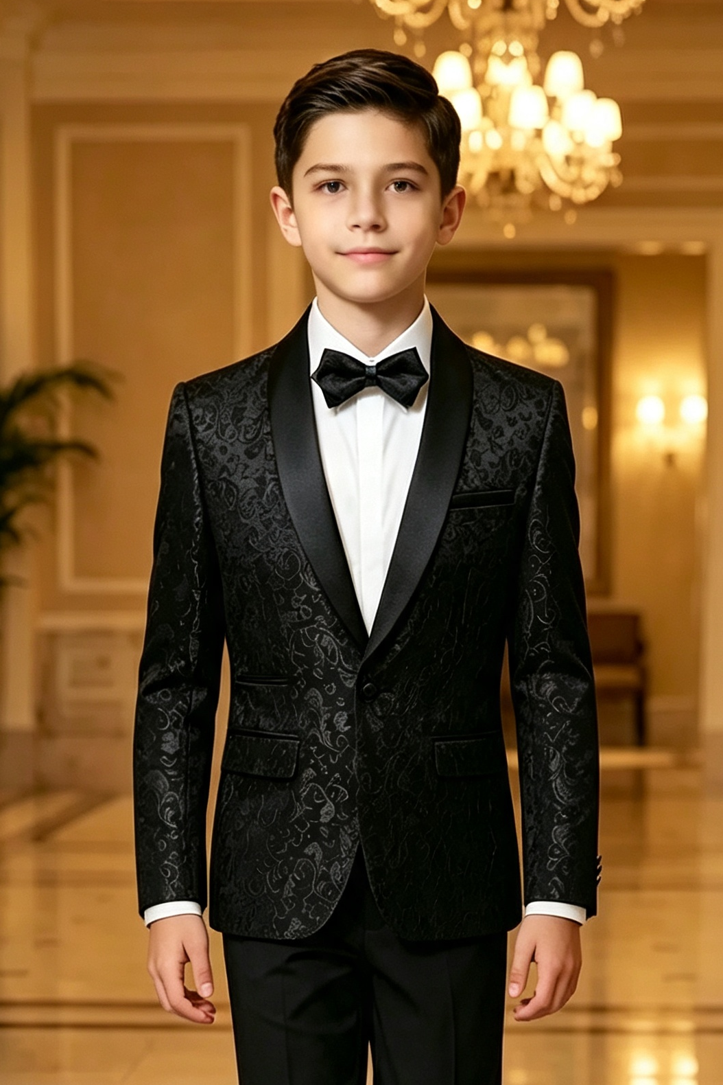 Black Jacquard Satin Lapel Serge‑Blend 2‑Piece Tuxedo Suit