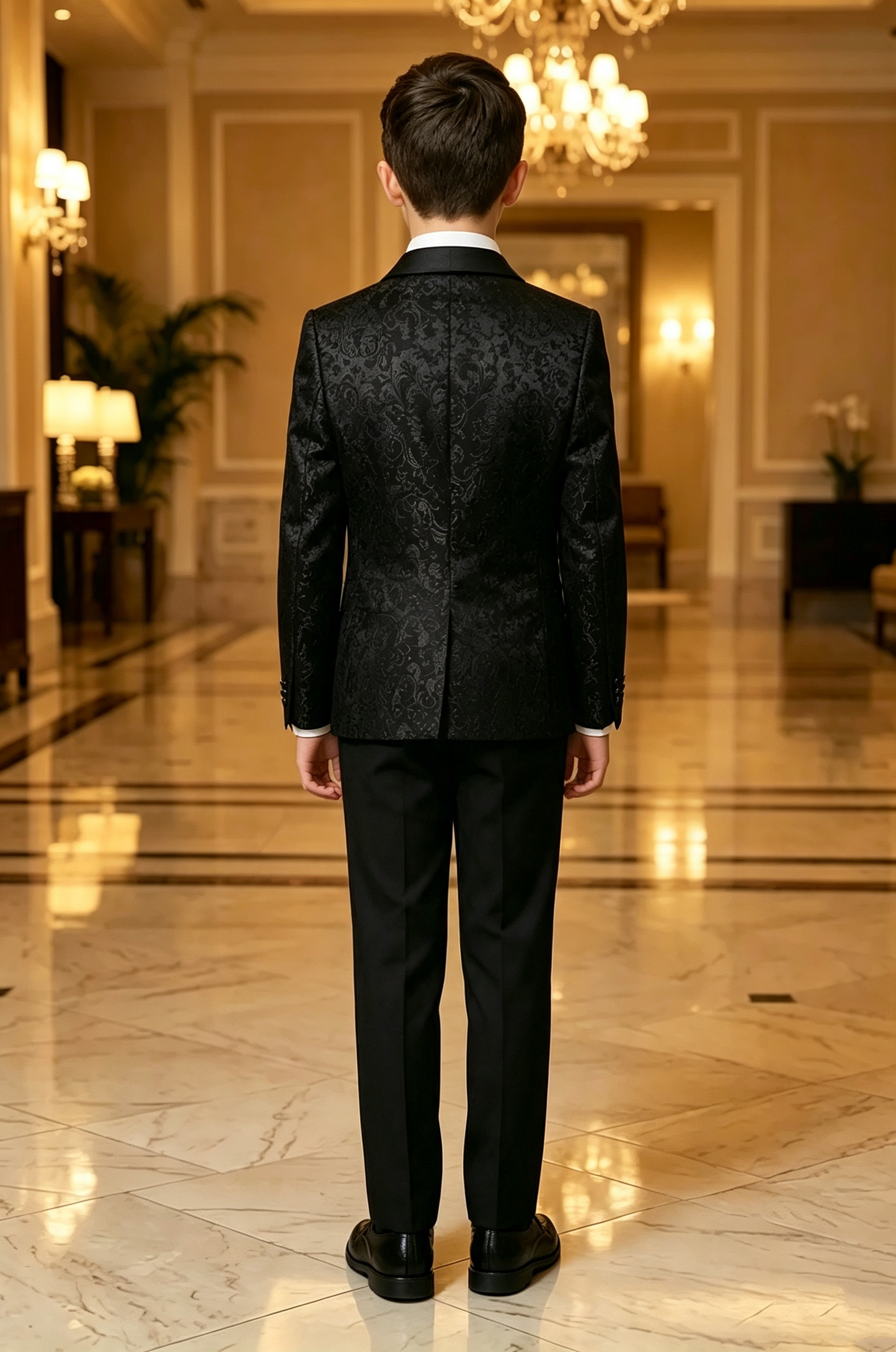 Black Jacquard Satin Lapel Serge‑Blend 2‑Piece Tuxedo Suit