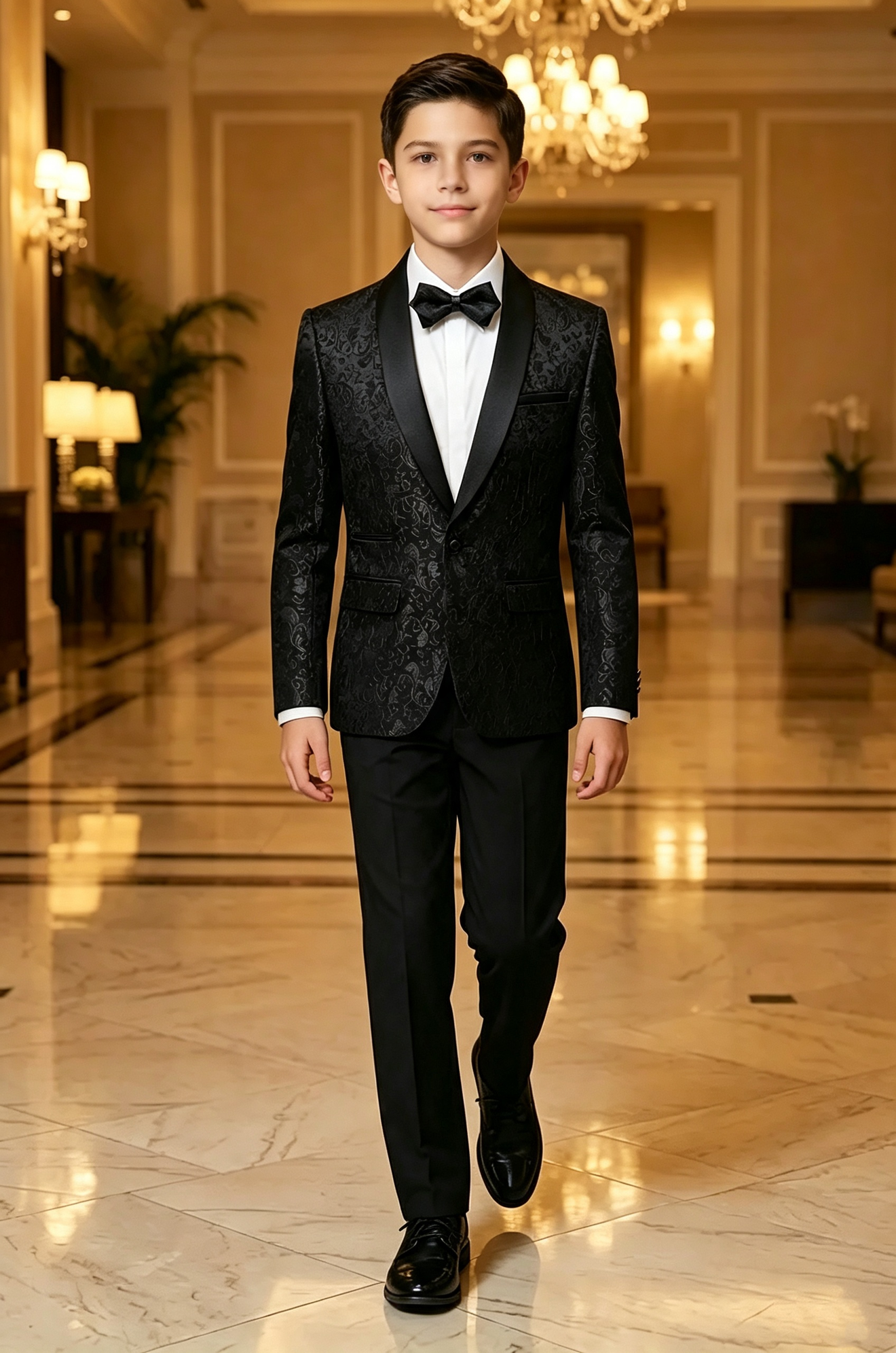 Black Jacquard Satin Lapel Serge‑Blend 2‑Piece Tuxedo Suit