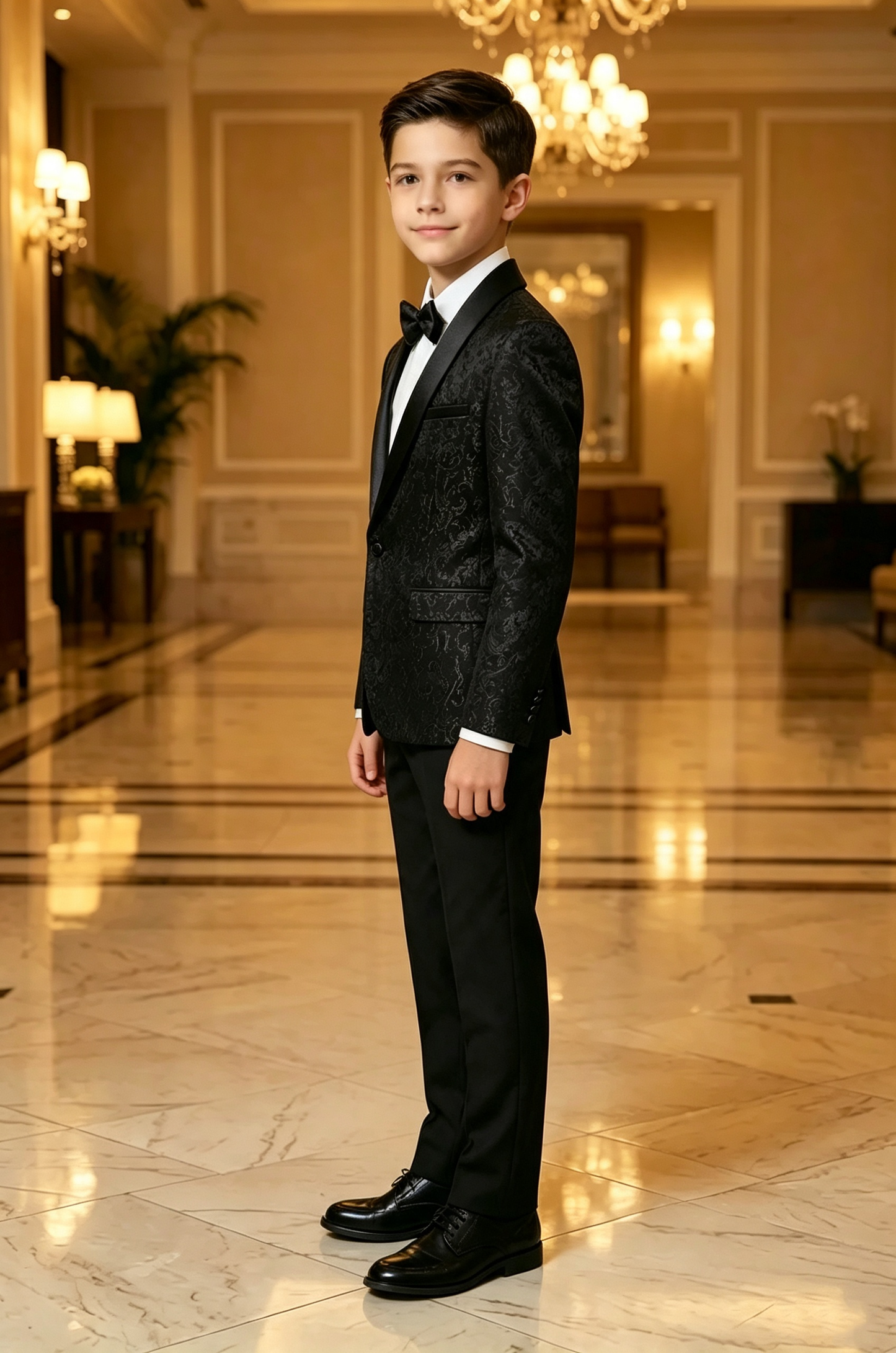 Black Jacquard Satin Lapel Serge‑Blend 2‑Piece Tuxedo Suit