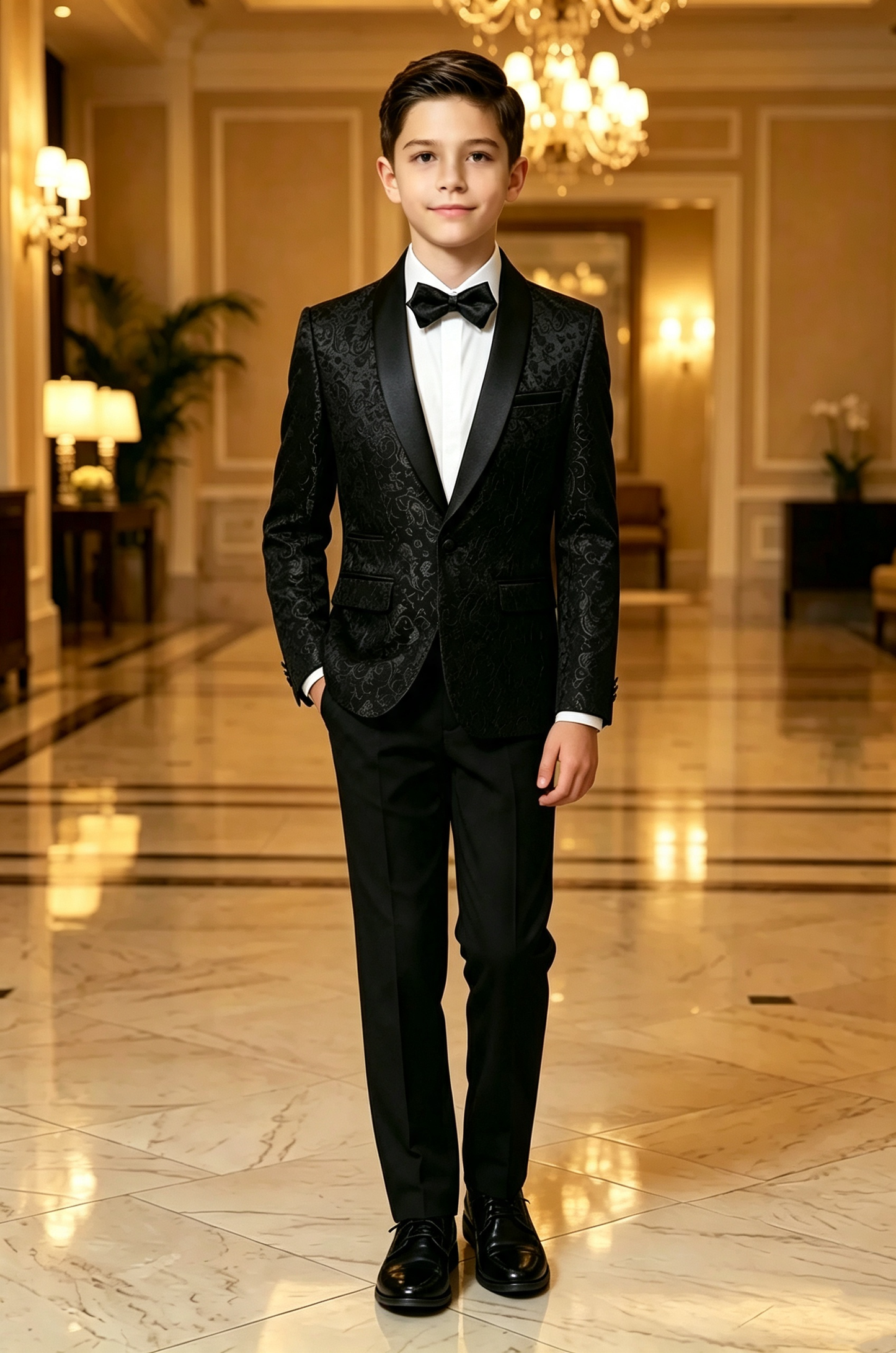 Black Jacquard Satin Lapel Serge‑Blend 2‑Piece Tuxedo Suit