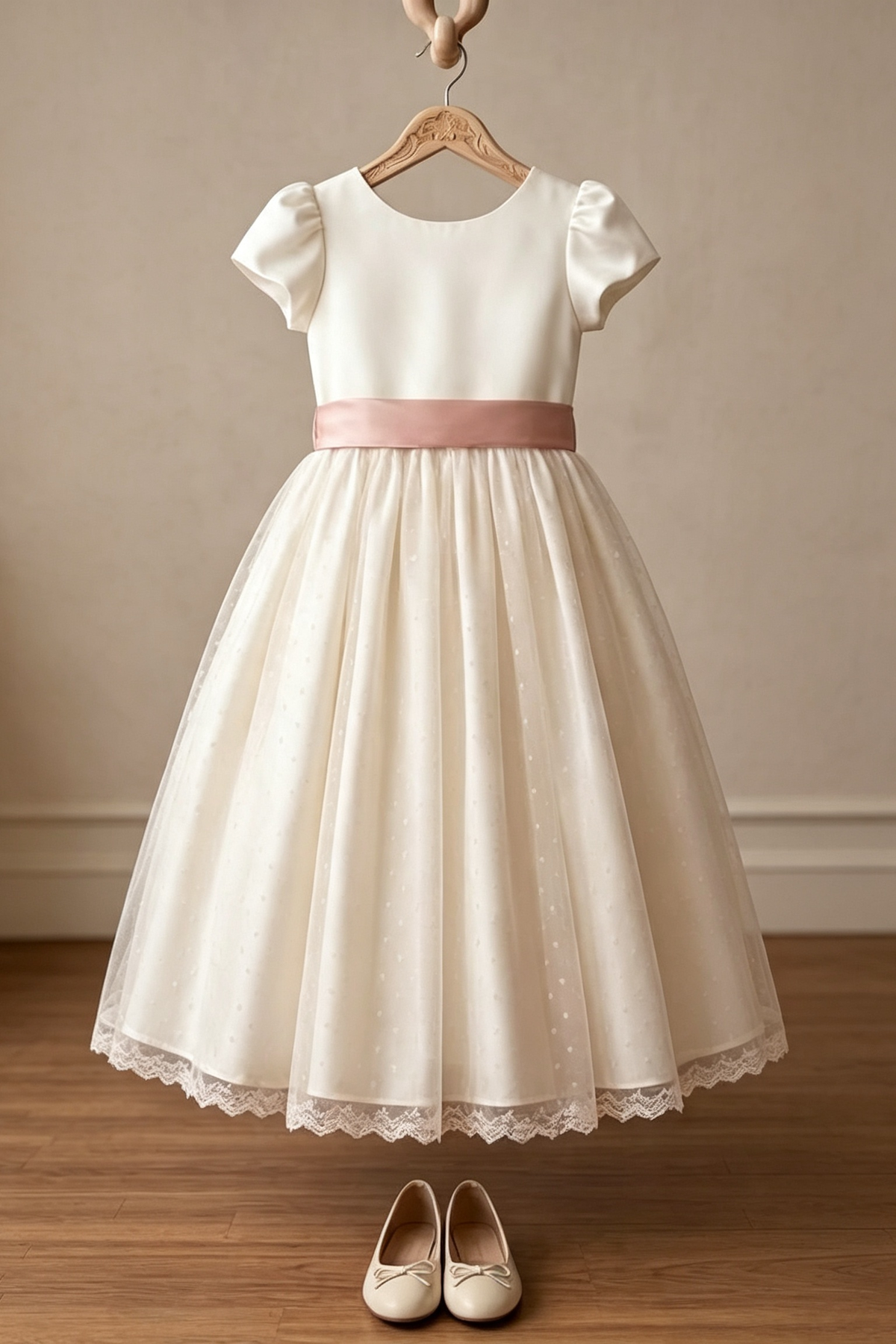 Cream‑White Puff‑Sleeve Blush Pink Satin Bow A‑Line Flower Girl Dress