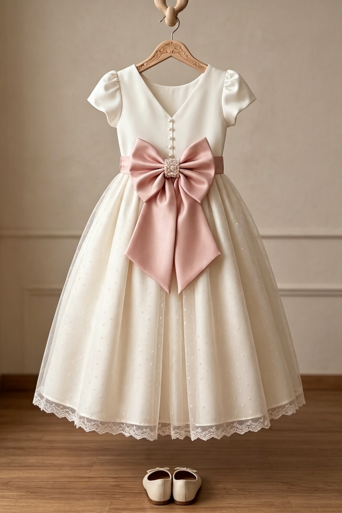 Cream‑White Puff‑Sleeve Blush Pink Satin Bow A‑Line Flower Girl Dress