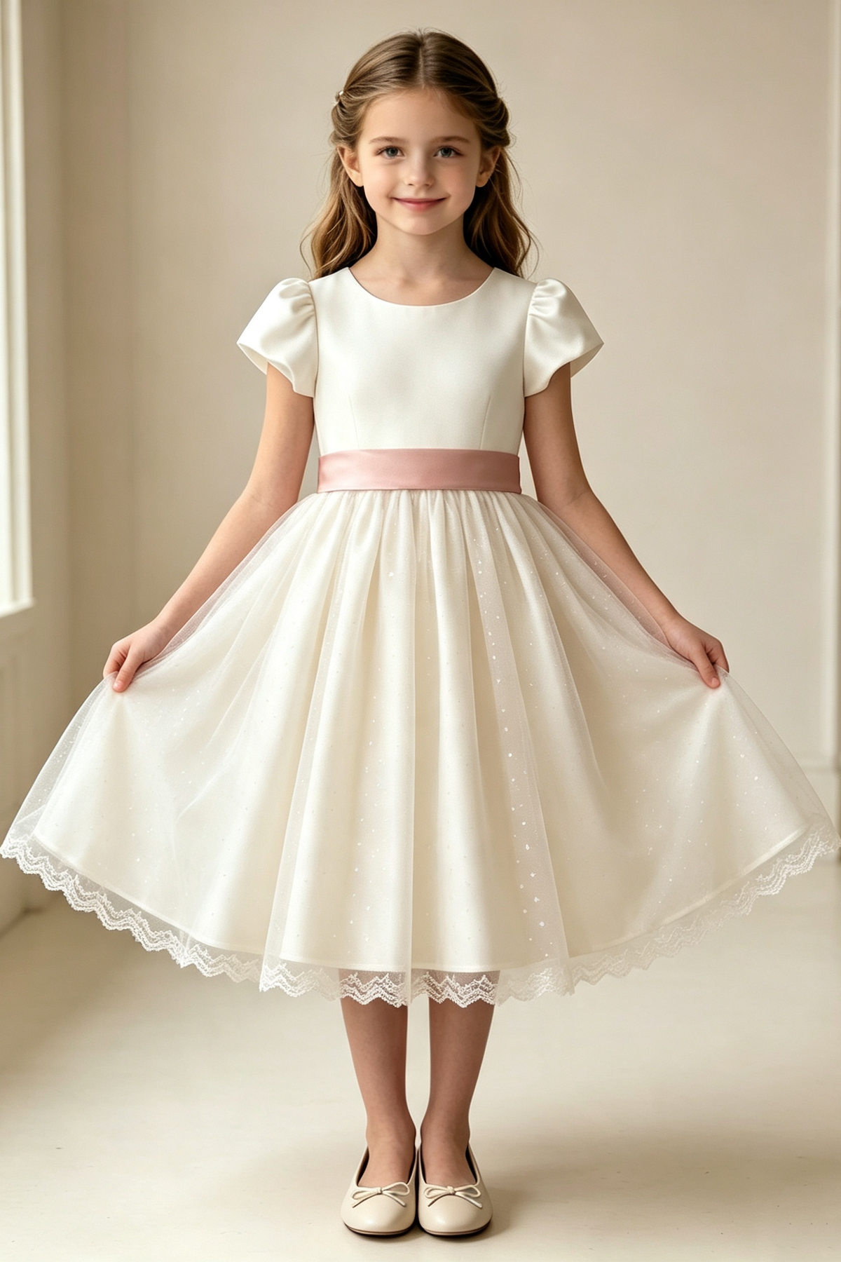 Cream‑White Puff‑Sleeve Blush Pink Satin Bow A‑Line Flower Girl Dress