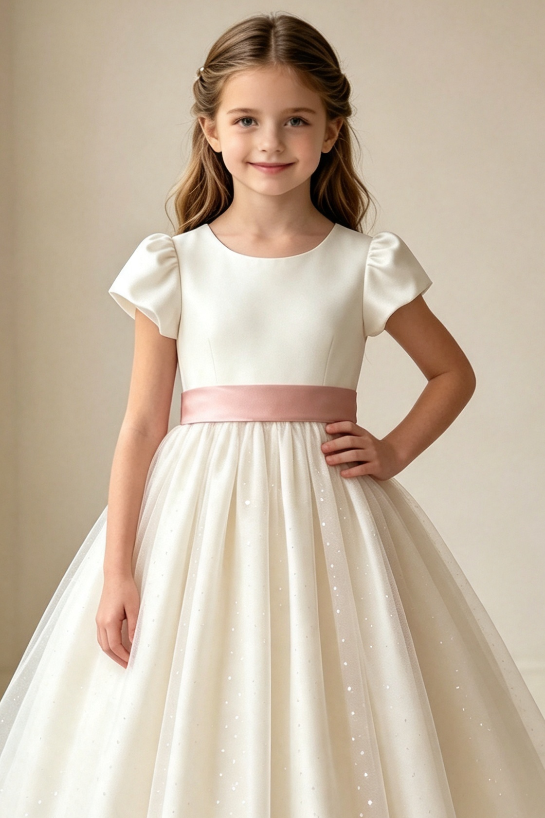 Cream‑White Puff‑Sleeve Blush Pink Satin Bow A‑Line Flower Girl Dress