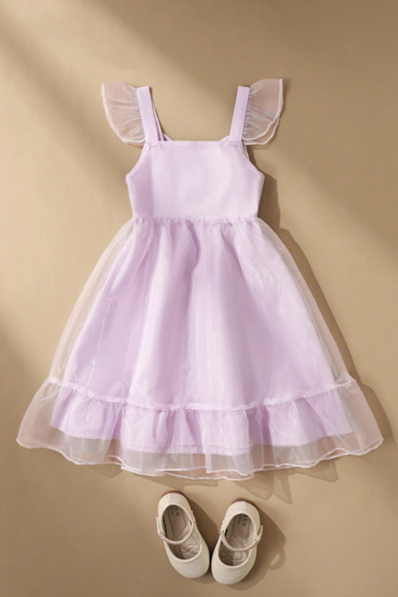 Lavender Organza Chiffon Fly‑Sleeve Bow Back A‑Line Dress