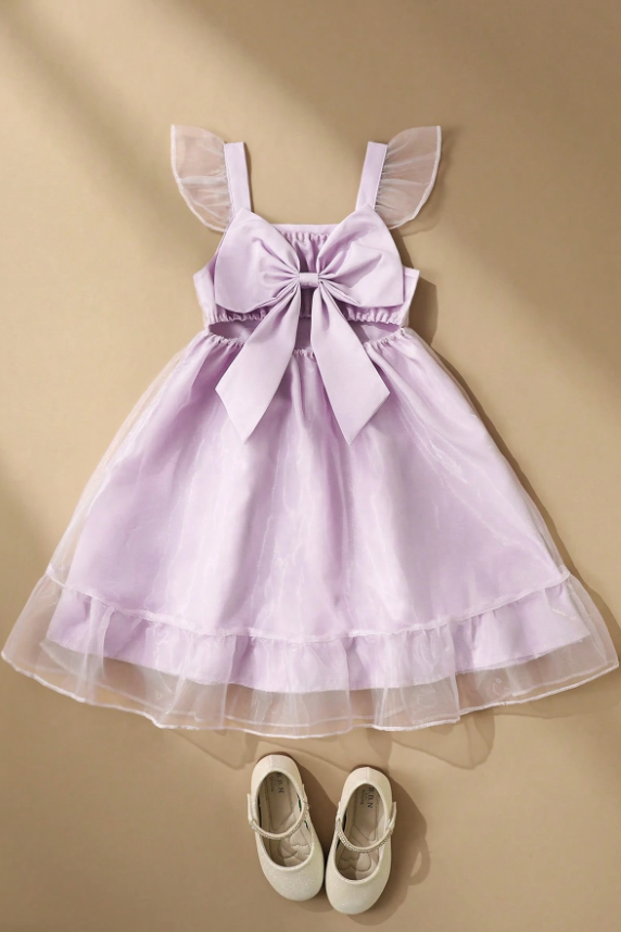 Lavender Organza Chiffon Fly‑Sleeve Bow Back A‑Line Dress