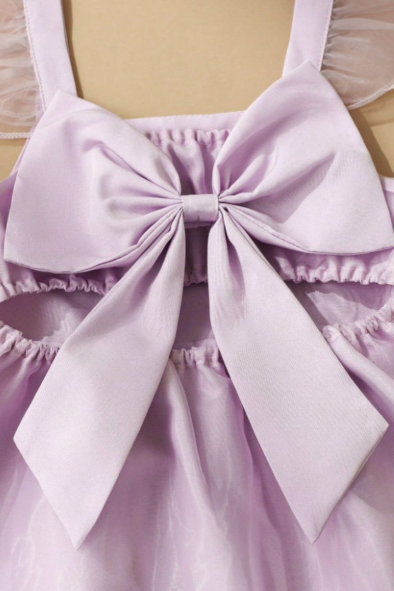 Lavender Organza Chiffon Fly‑Sleeve Bow Back A‑Line Dress