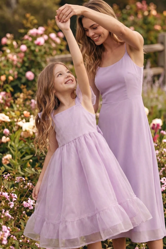Lavender Organza Chiffon Fly‑Sleeve Bow Back A‑Line Dress
