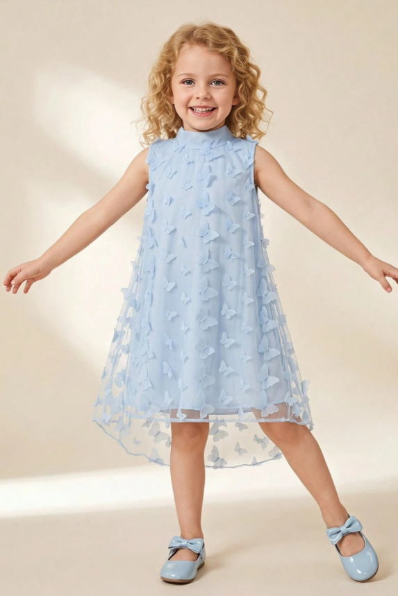 Light Blue 3D Butterfly Tulle Chiffon A‑Line Dress