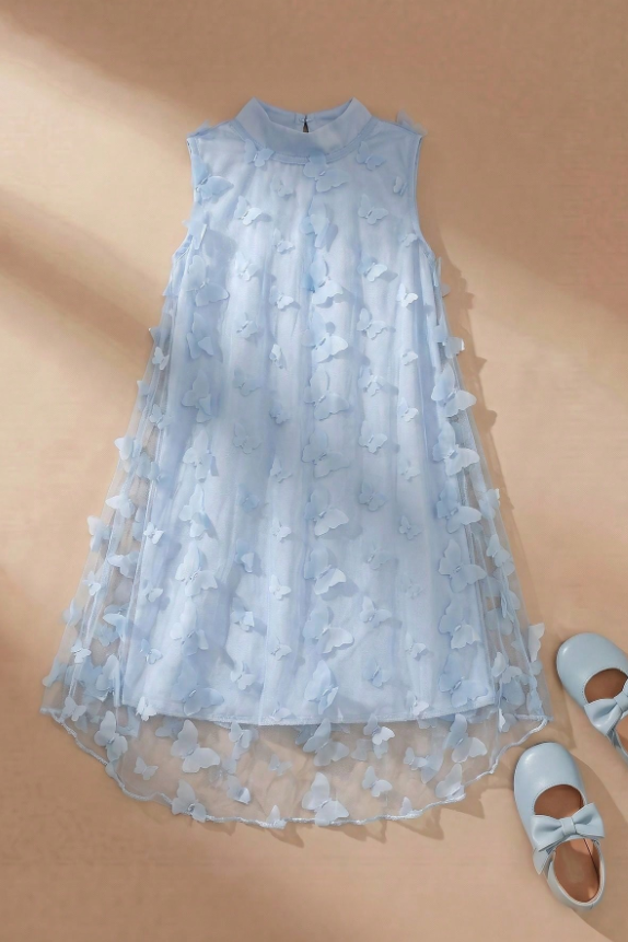 Light Blue 3D Butterfly Tulle Chiffon A‑Line Dress