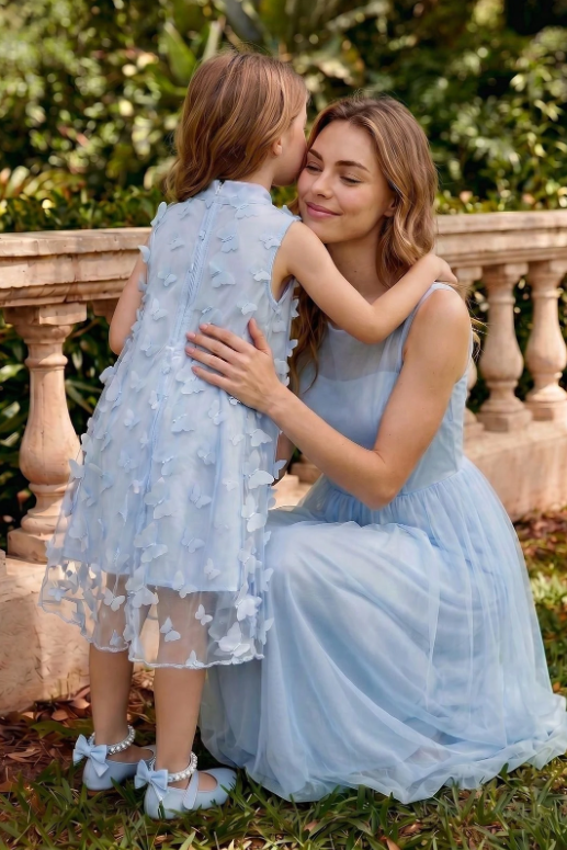 Light Blue 3D Butterfly Tulle Chiffon A‑Line Dress