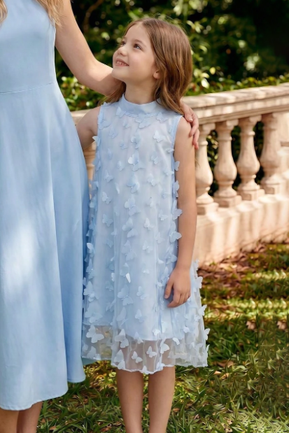 Light Blue 3D Butterfly Tulle Chiffon A‑Line Dress