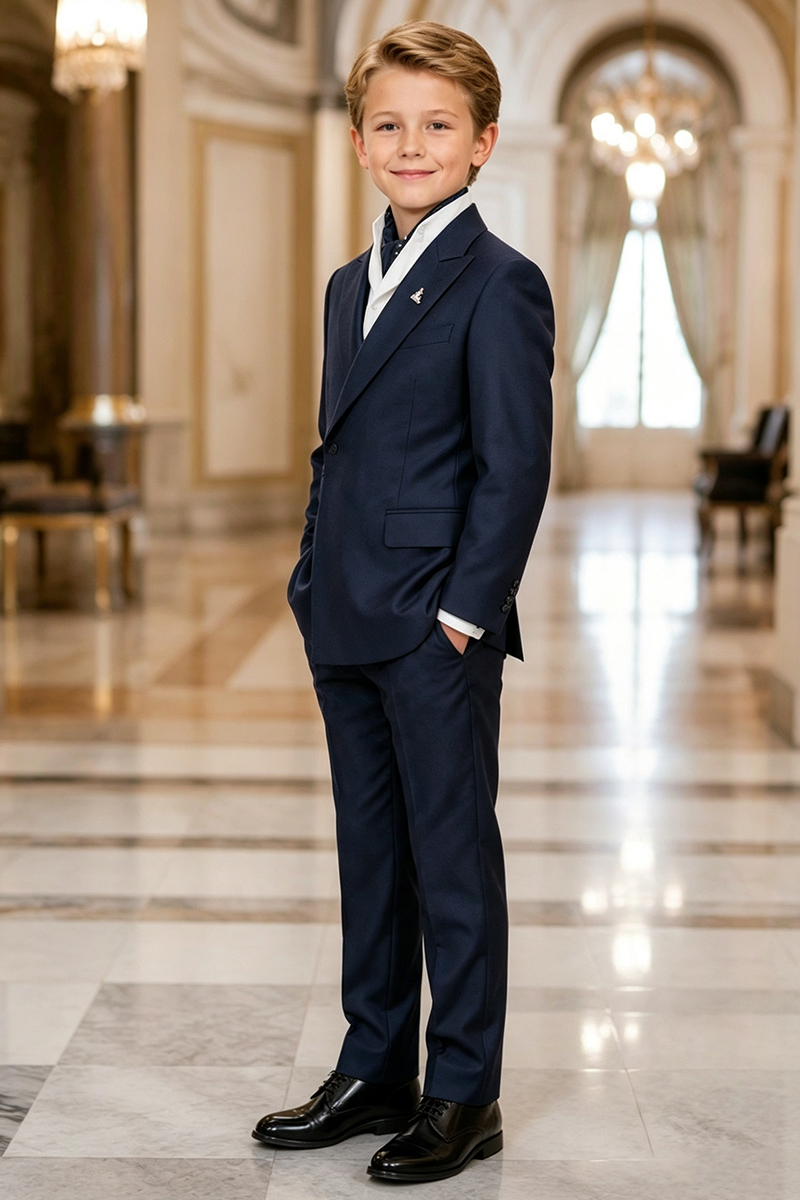 Boys Navy Double‑Breasted 2-Piece Suit for Weddings
