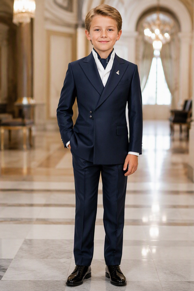 Boys Navy Double‑Breasted 2-Piece Suit for Weddings
