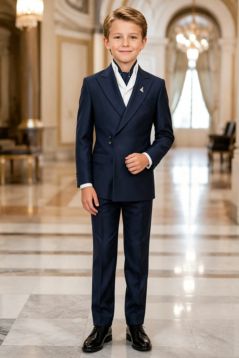 Boys Navy Double‑Breasted 2-Piece Suit for Weddings