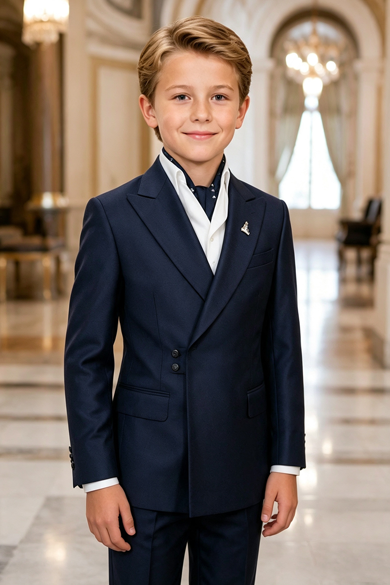Boys Navy Double‑Breasted 2-Piece Suit for Weddings