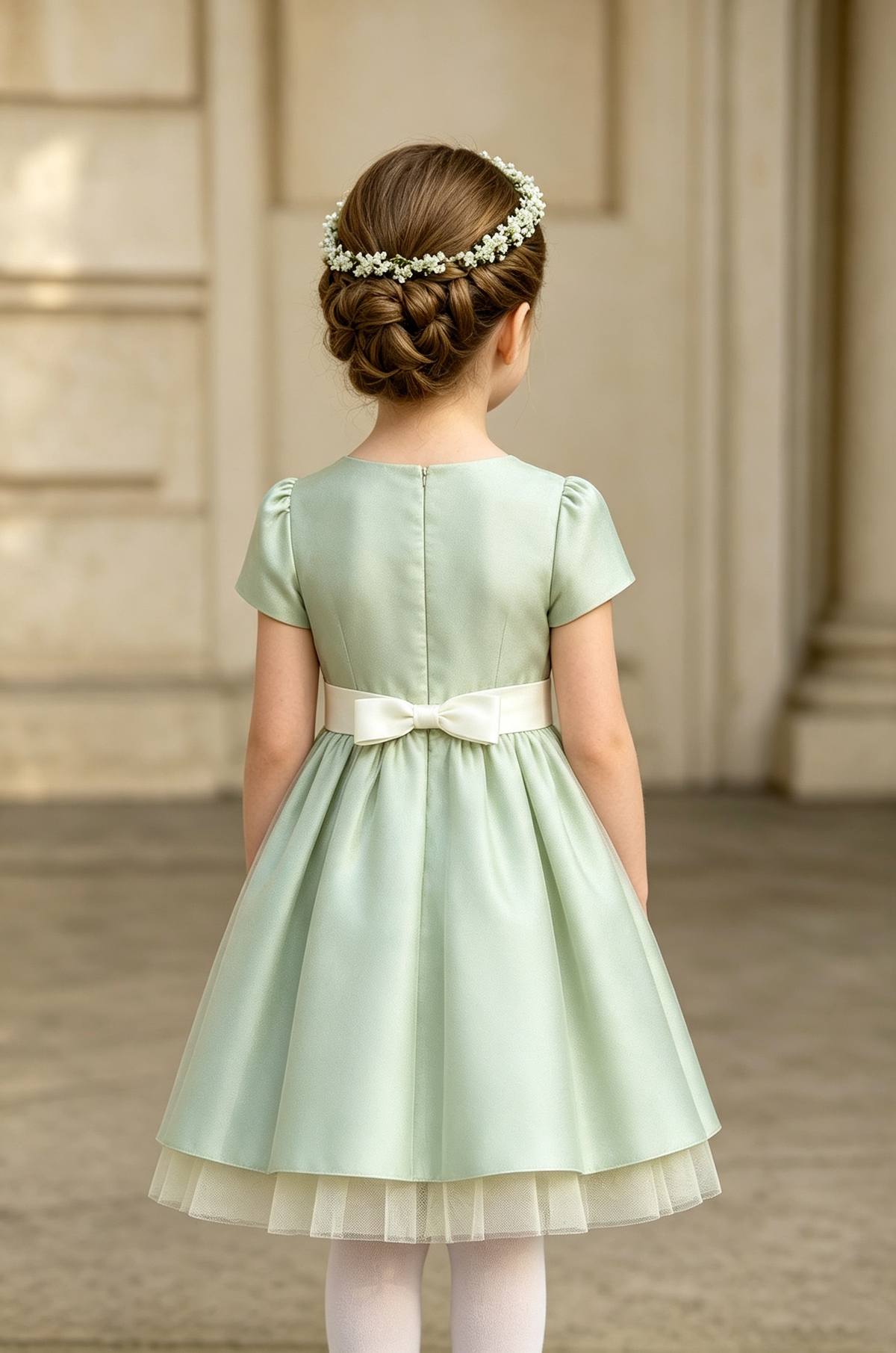 Light Green Satin Tulle Short Puff‑Sleeve Ivory Sash A‑Line Dress