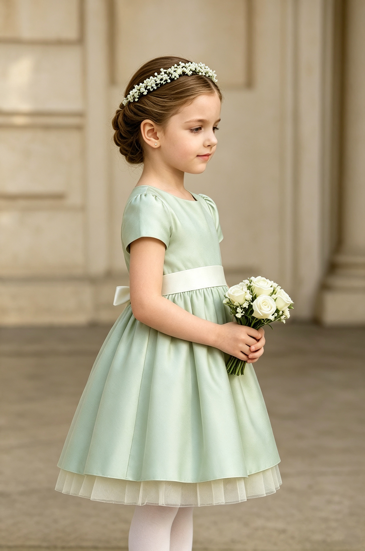 Light Green Satin Tulle Short Puff‑Sleeve Ivory Sash A‑Line Dress