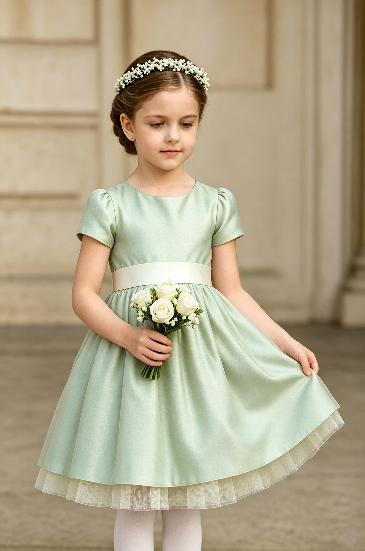 Light Green Satin Tulle Short Puff‑Sleeve Ivory Sash A‑Line Dress