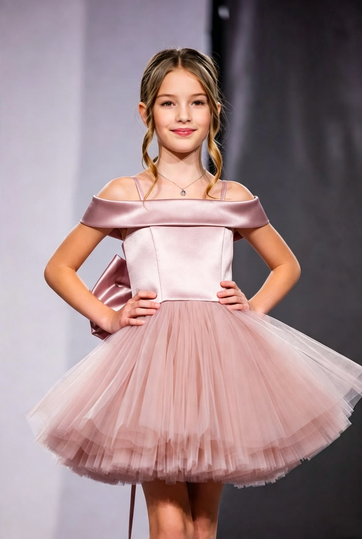 Pink Satin Tulle Off‑The‑Shoulder Spaghetti Strap Large Bow Back A‑Line Dress