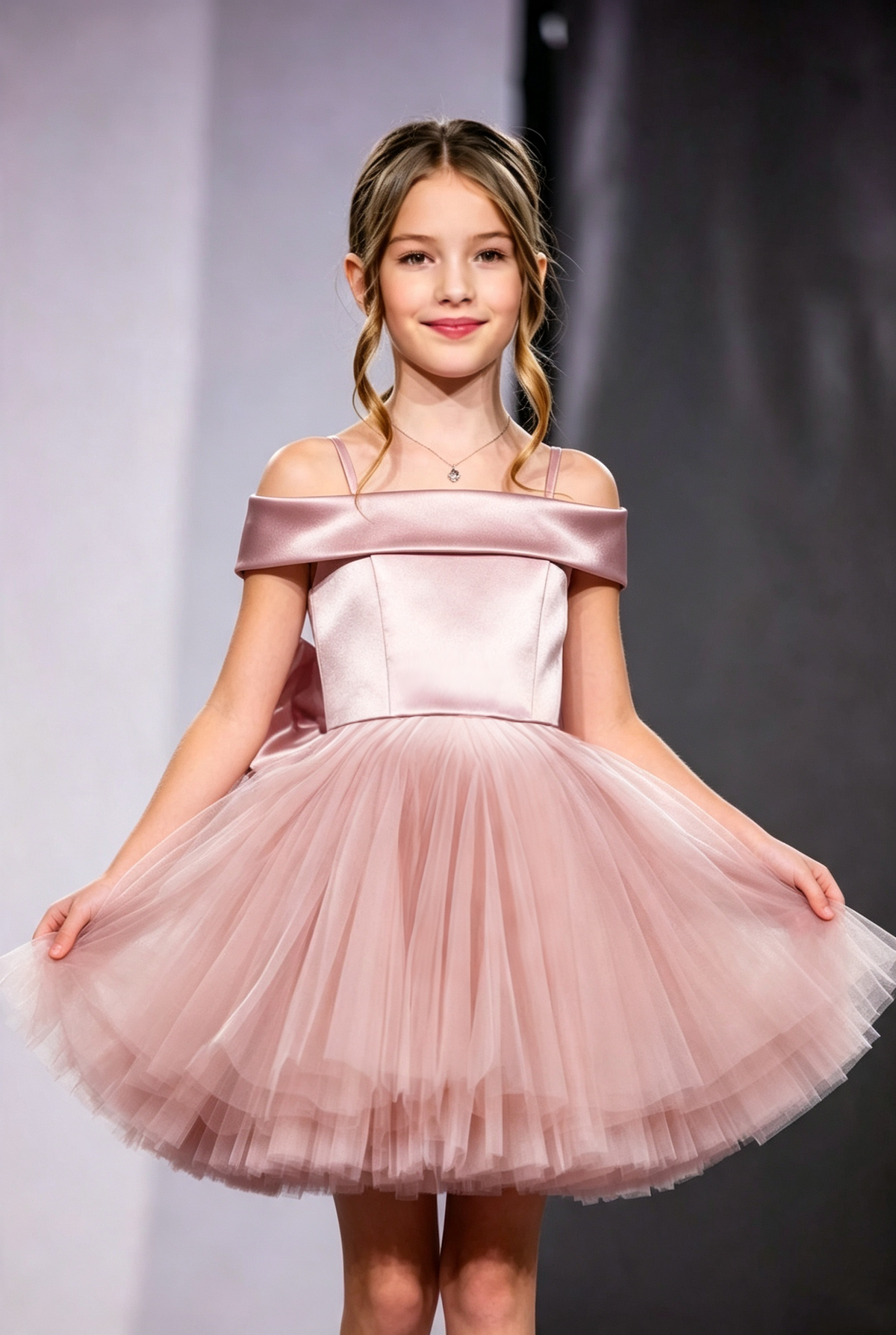Pink Satin Tulle Off‑The‑Shoulder Spaghetti Strap Large Bow Back A‑Line Dress