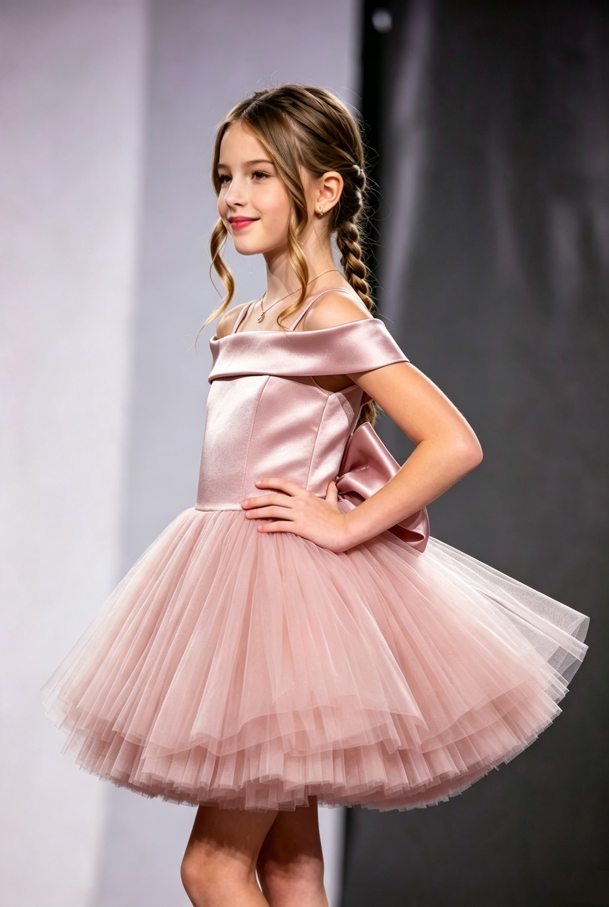 Pink Satin Tulle Off‑The‑Shoulder Spaghetti Strap Large Bow Back A‑Line Dress