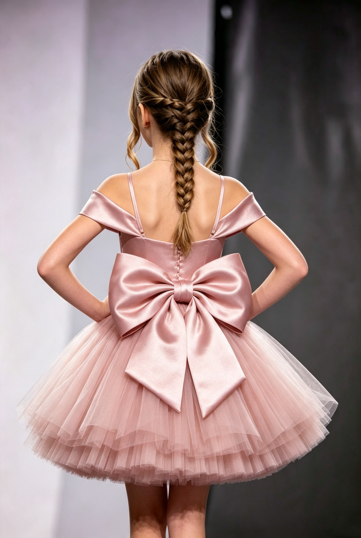 Pink Satin Tulle Off‑The‑Shoulder Spaghetti Strap Large Bow Back A‑Line Dress
