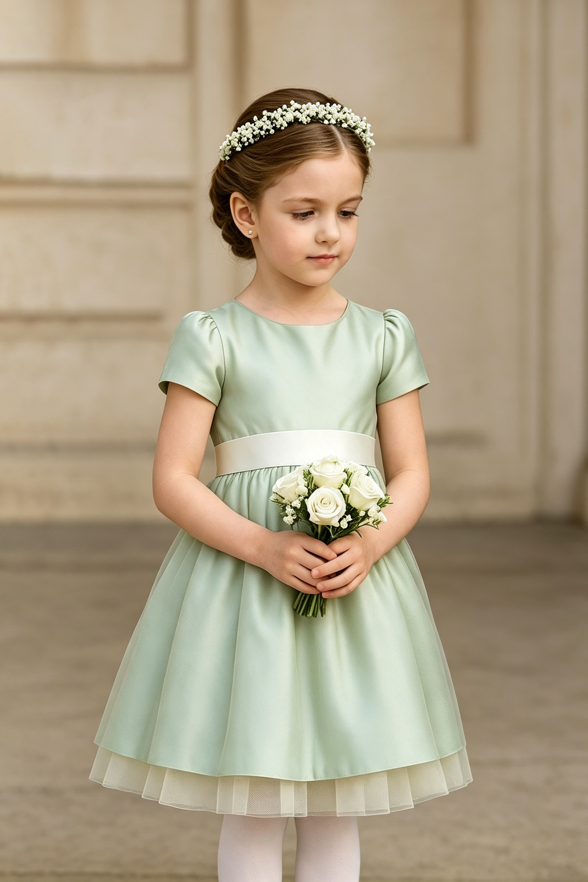 Light Green Satin Tulle Short Puff‑Sleeve Ivory Sash A‑Line Dress