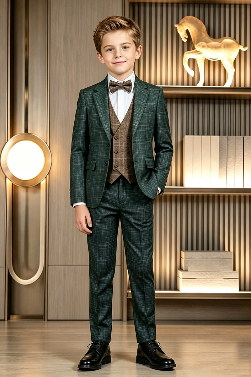 Boys Forest Green Plaid 2-Piece Suit for Weddings