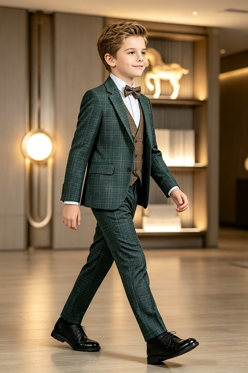 Boys Forest Green Plaid 2-Piece Suit for Weddings