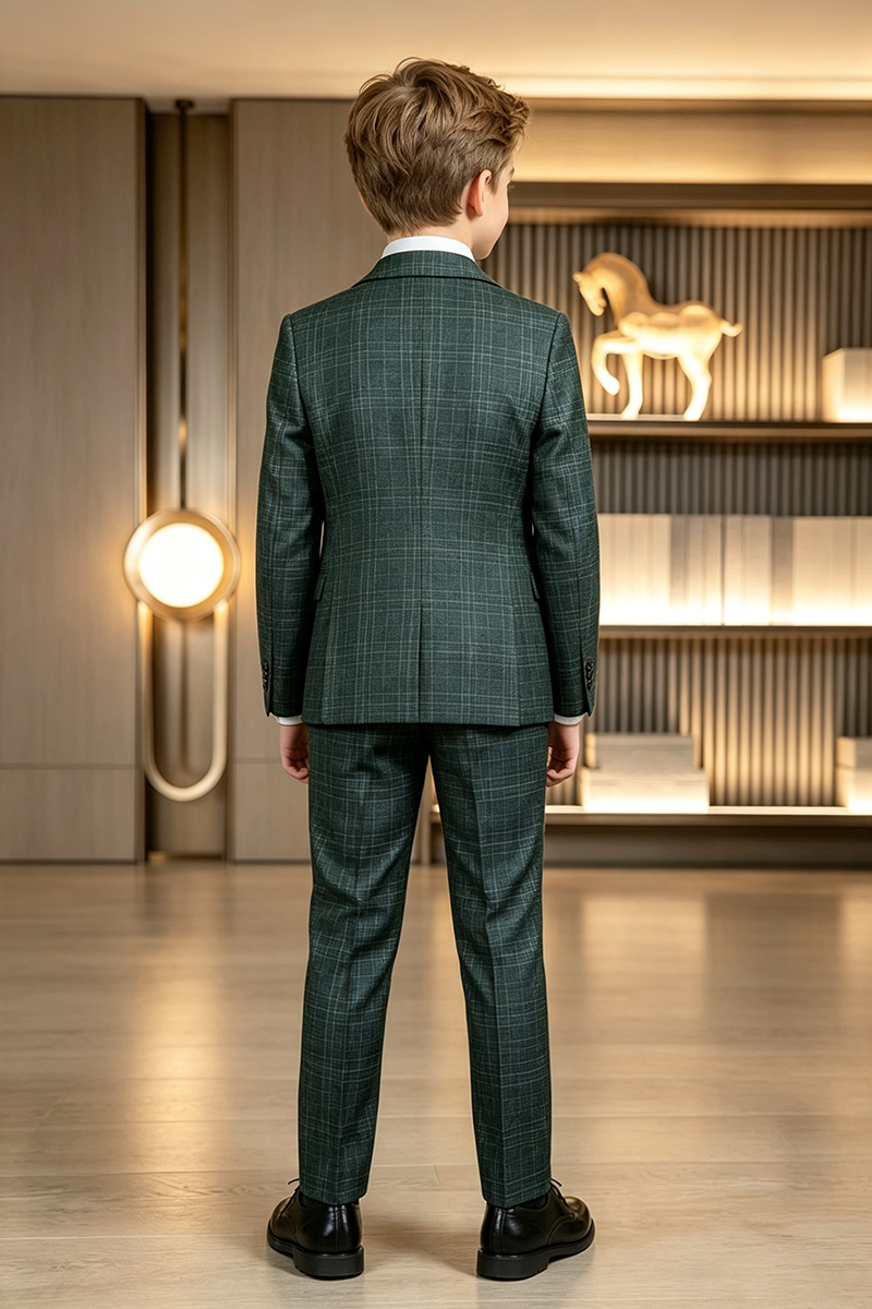 Boys Forest Green Plaid 2-Piece Suit for Weddings